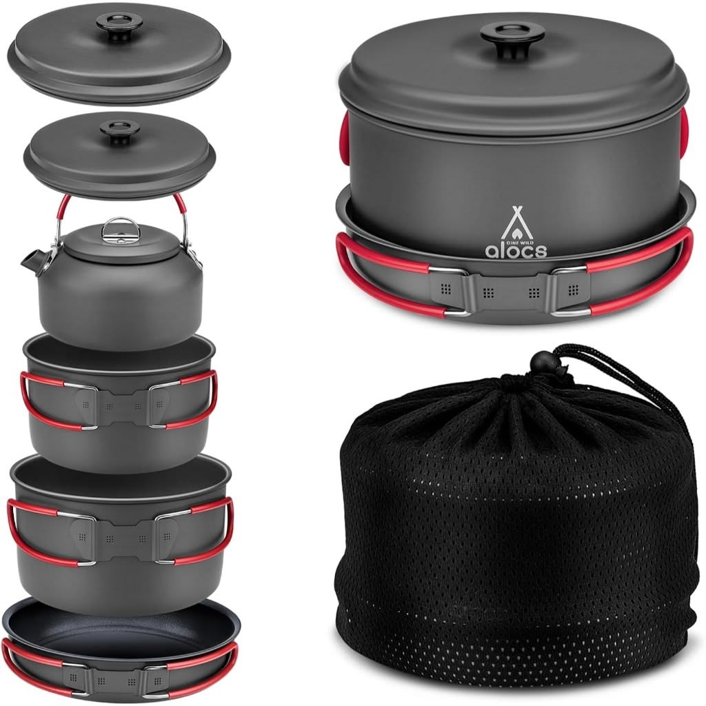 Portable Camping Cookware Set with Kettle & Carry Bag – Gray