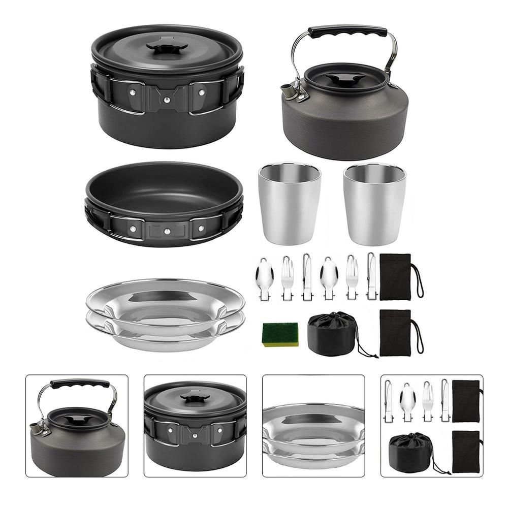 2-Person Camping Cookware & Tableware Set with Kettle – Black